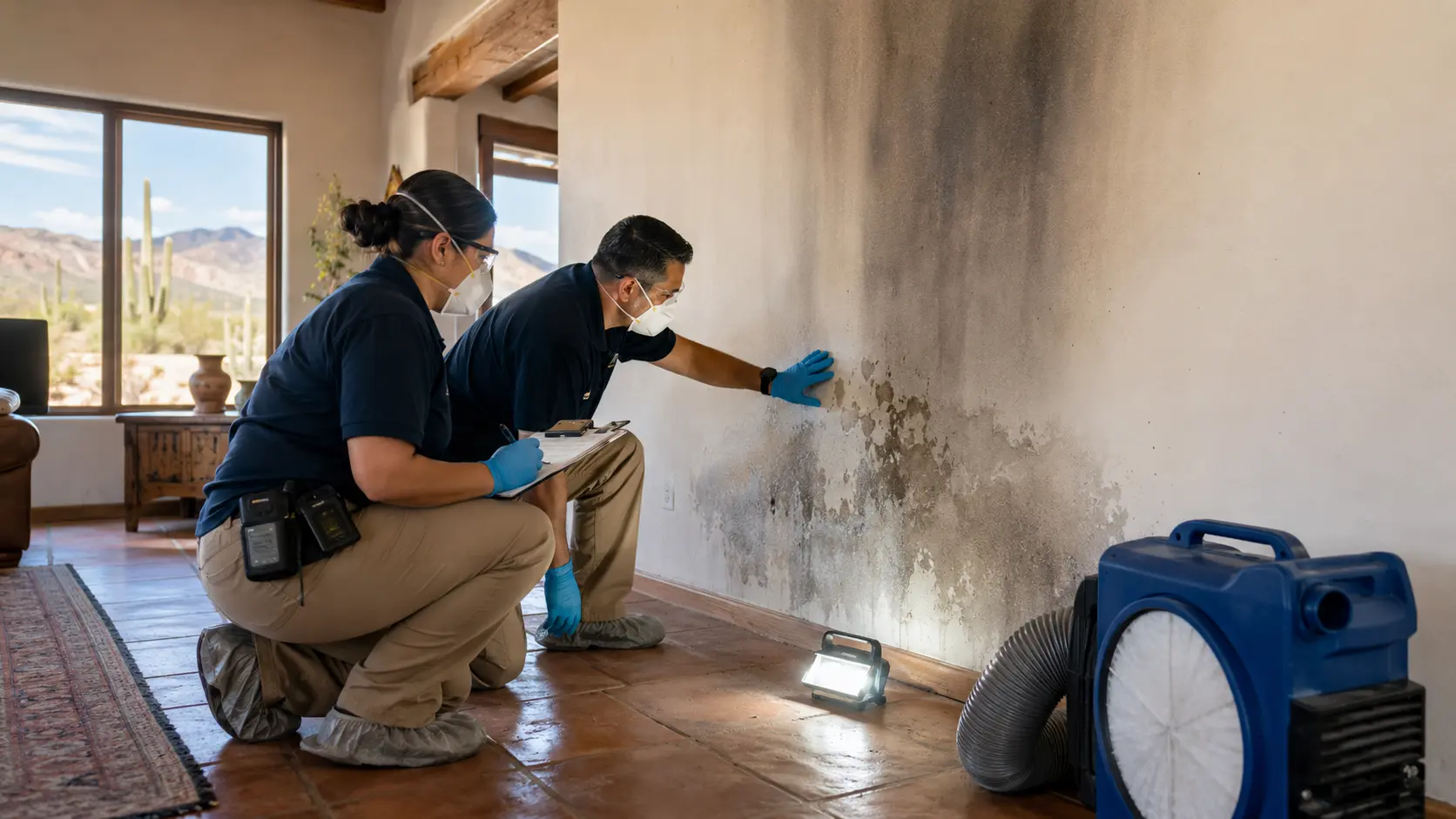 Restoration technicians inspecting smoke and moisture damage