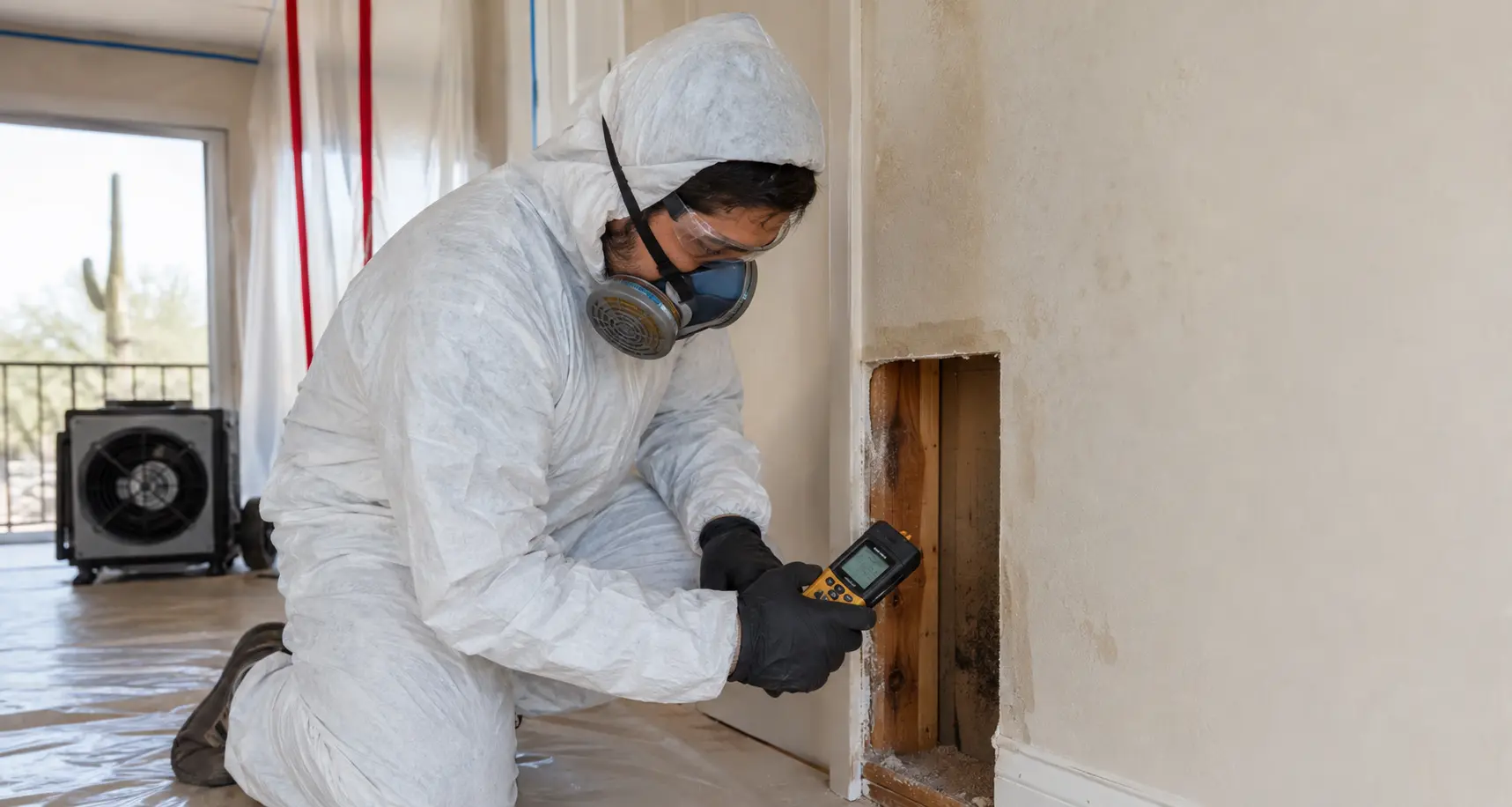 Technician inspecting a moisture-damaged wall in a Tucson home