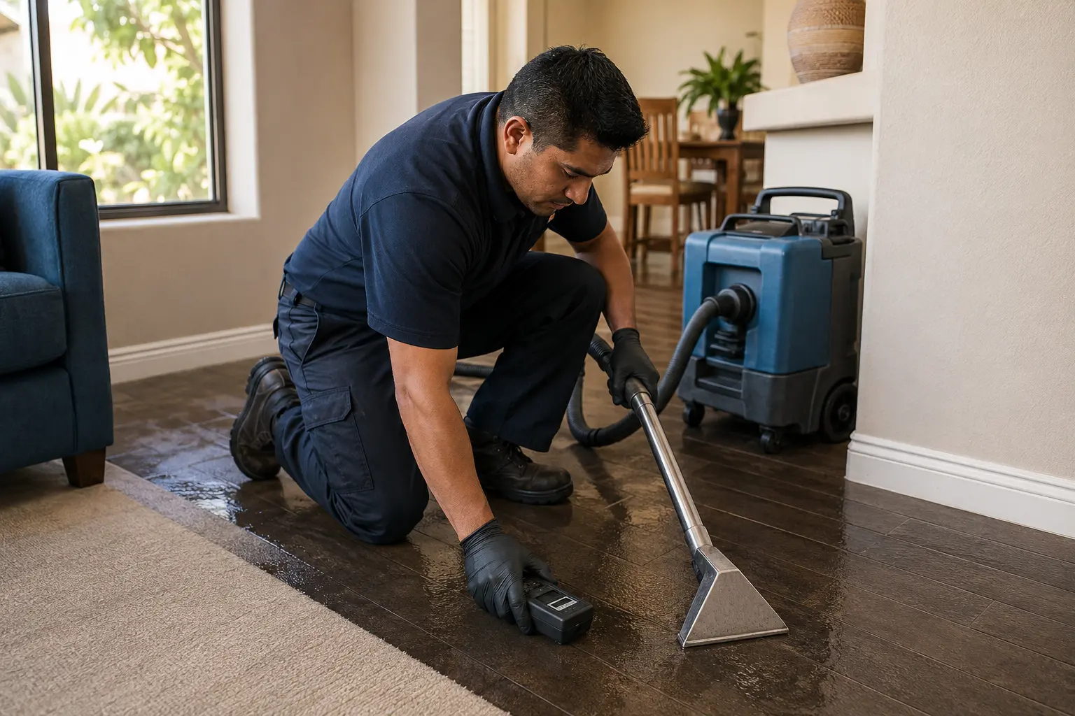 Technician extracting water and checking moisture in a Tucson home